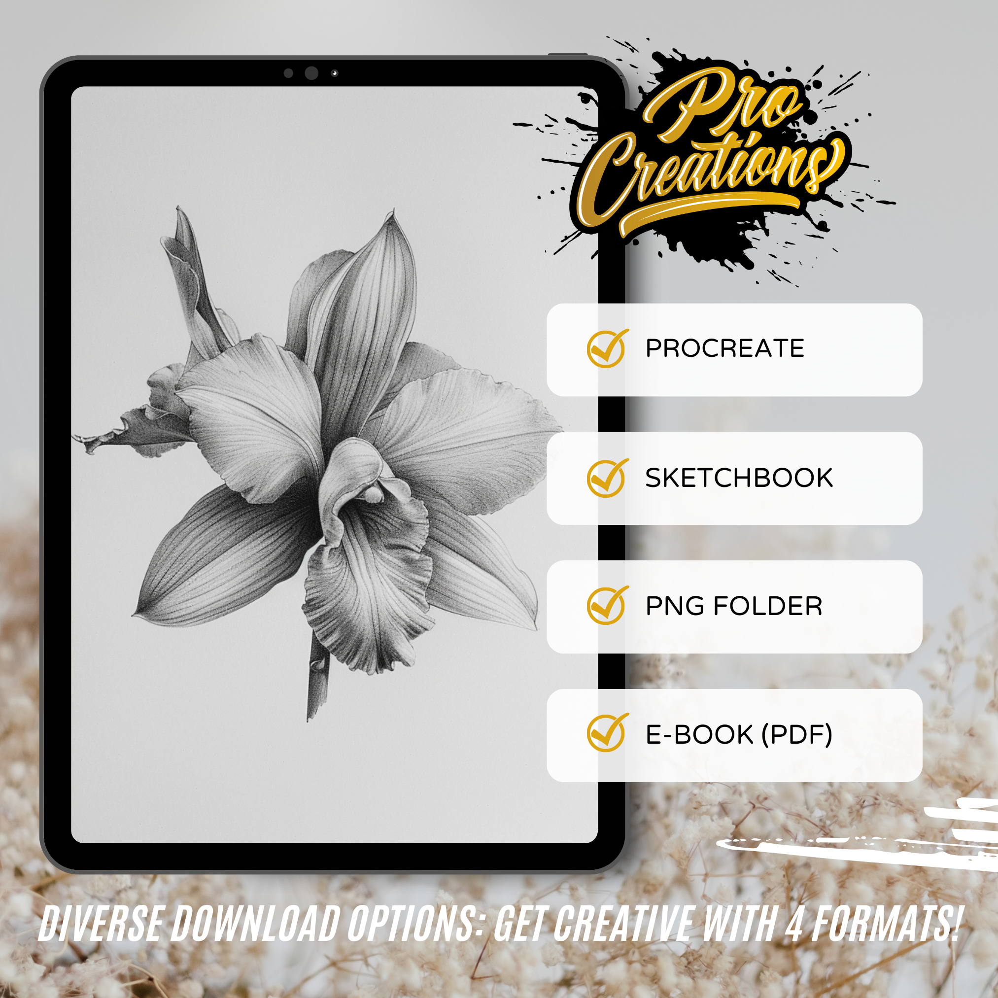 Colección de diseño digital de orquídeas: 50 imágenes de Procreate y Sketchbook