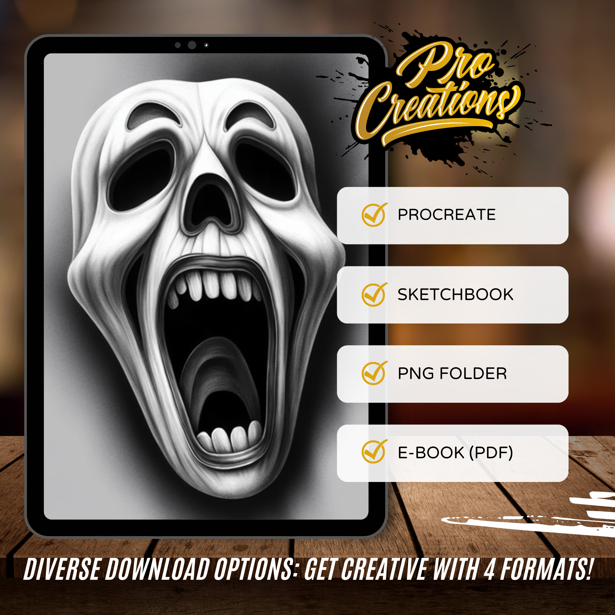 Digitale Referenzdesignsammlung für Halloween-Masken: 50 Procreate- und Skizzenbuchbilder