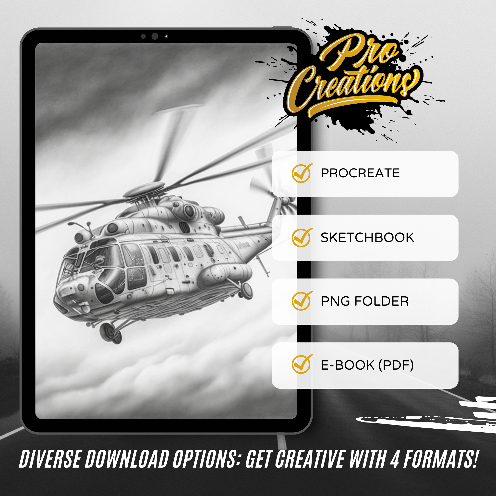 Colección de diseño digital de helicópteros: 50 imágenes de Procreate y Sketchbook