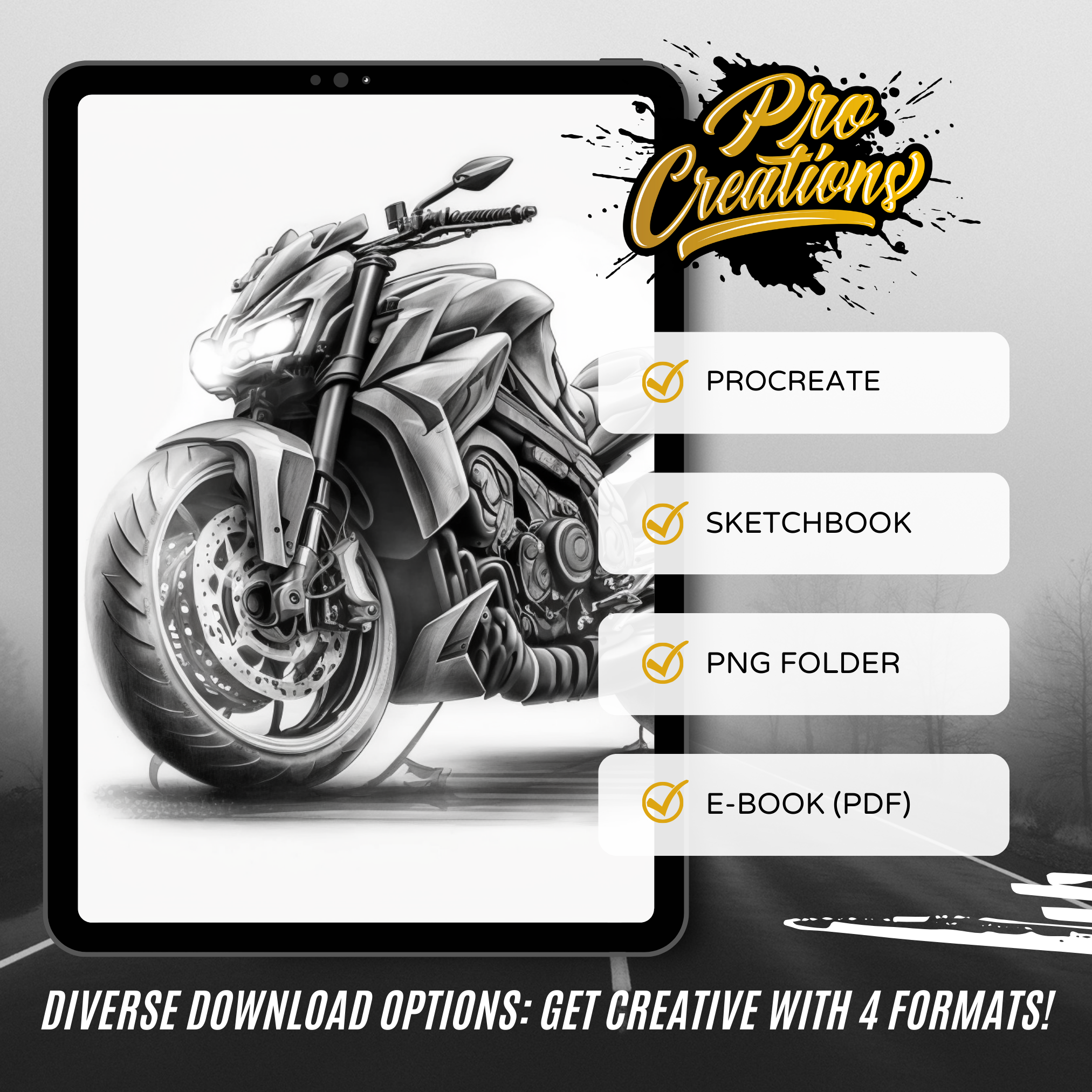 Colección de diseño digital de motos: 50 imágenes de Procreate y Sketchbook