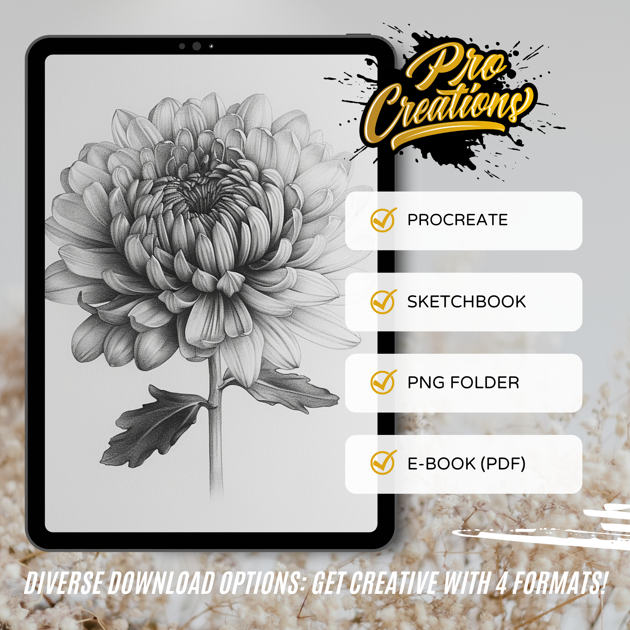 Colección de diseño digital Chrysanthemums: 50 imágenes de Procreate y Sketchbook