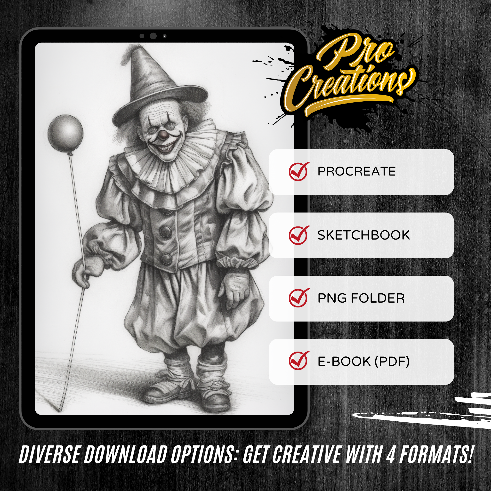 Colección de diseños de terror digital Killer Clowns: 50 imágenes de Procreate y Sketchbook