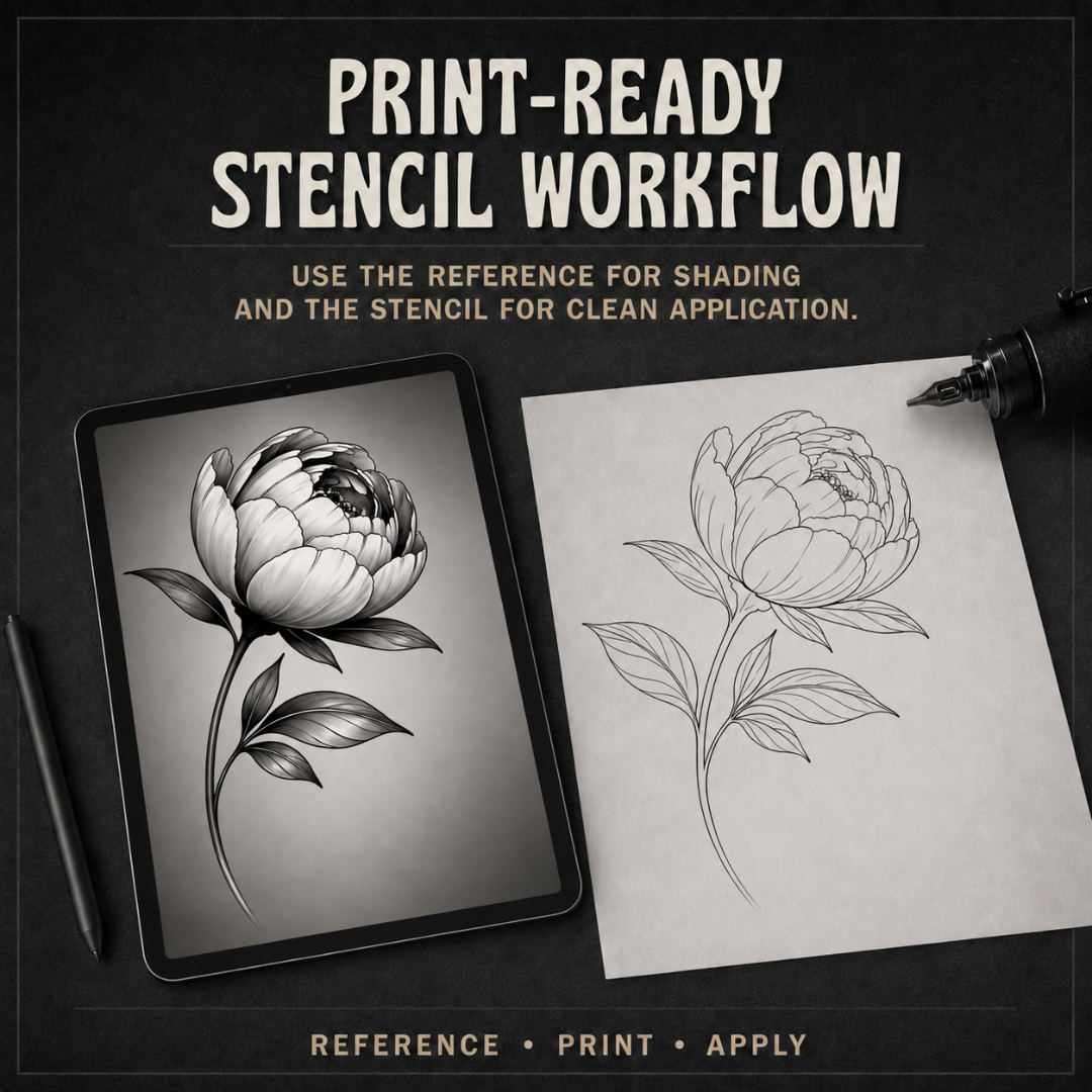Peonies Procreate tattoo brush stamp set — design 9