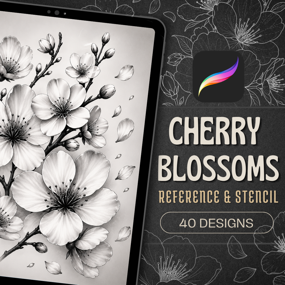 Cherry Blossoms Procreate Brush Set | 40 Tattoo Designs + Stencils