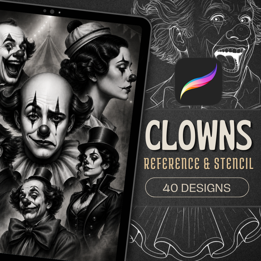 Clowns Procreate Brush Set | 40 Tattoo Designs + Stencils