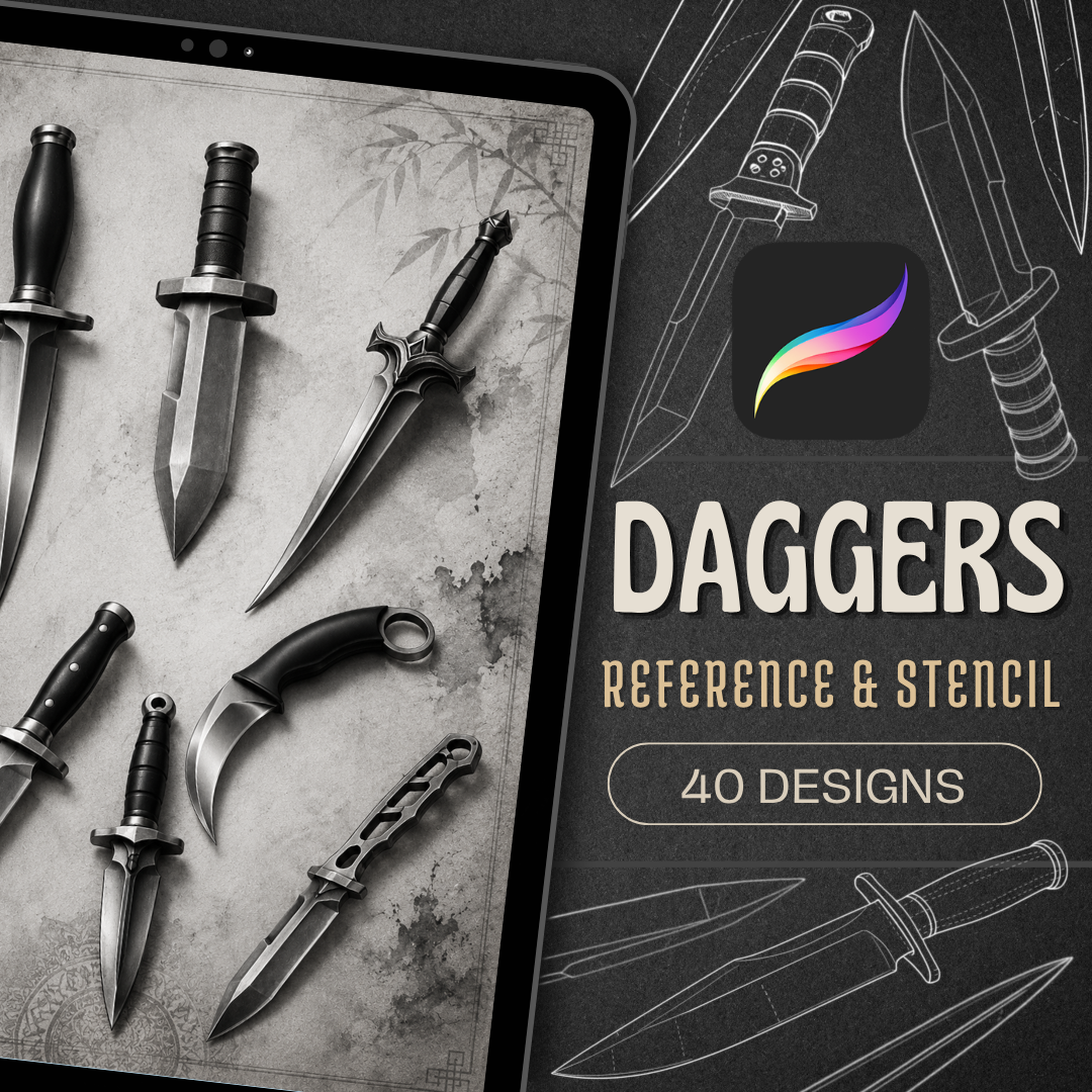 Daggers Procreate Brush Set | 40 Tattoo Designs + Stencils