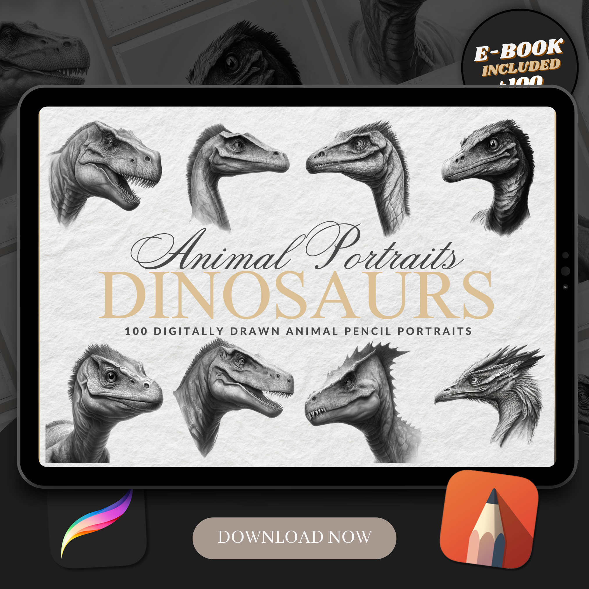 Digitale Referenzdesignsammlung Dinosaurier: 100 Procreate- und Skizzenbuchbilder