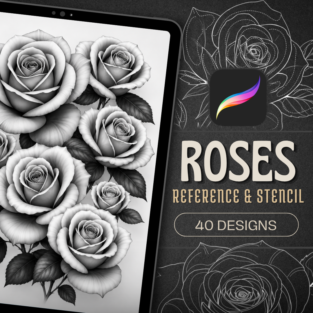 Roses Procreate Brush Set | 40 Tattoo Designs + Stencils