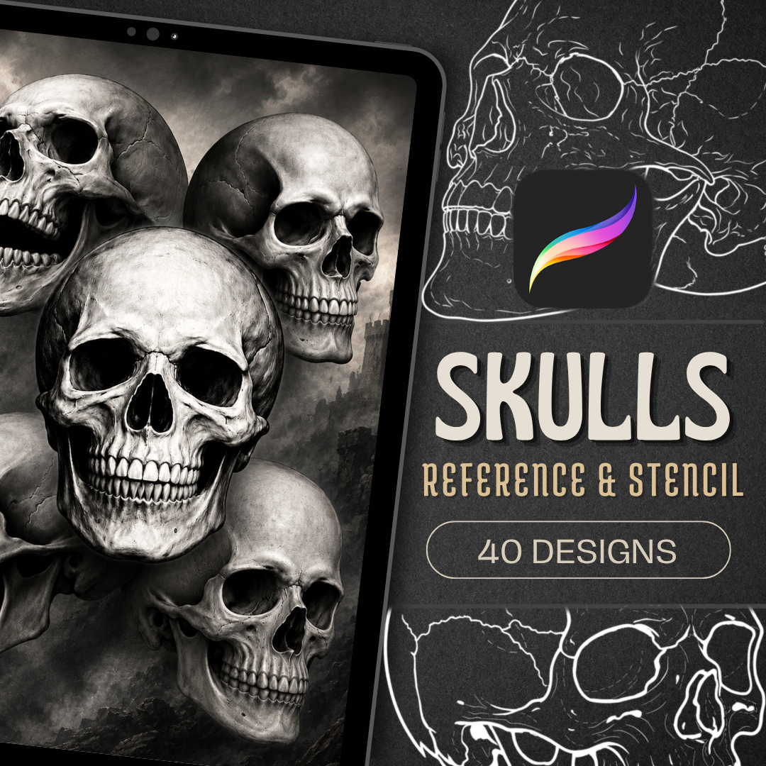 Skulls Procreate Brush Set | 40 Tattoo Designs + Stencils