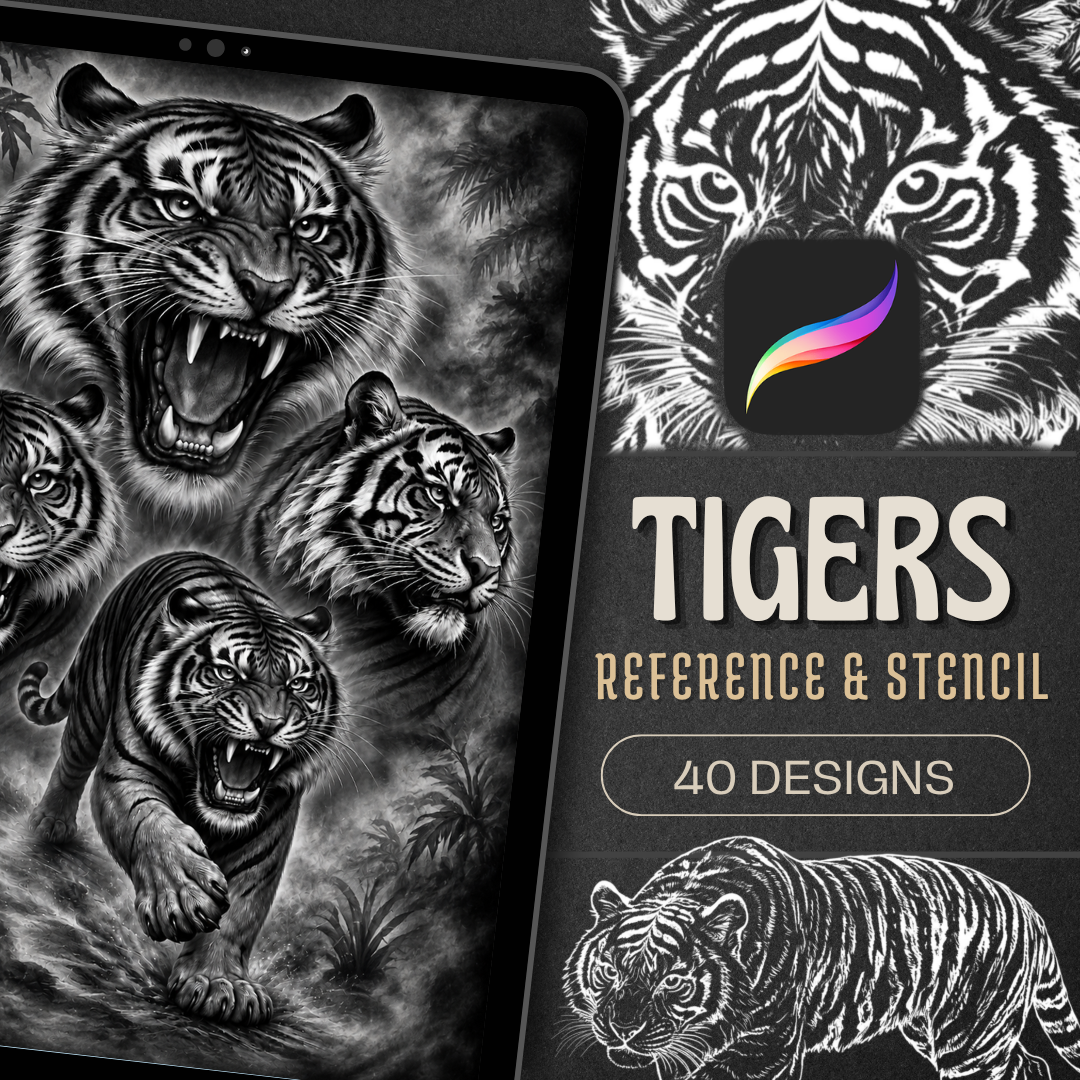 Tigers Procreate Brush Set | 40 Tattoo Designs + Stencils