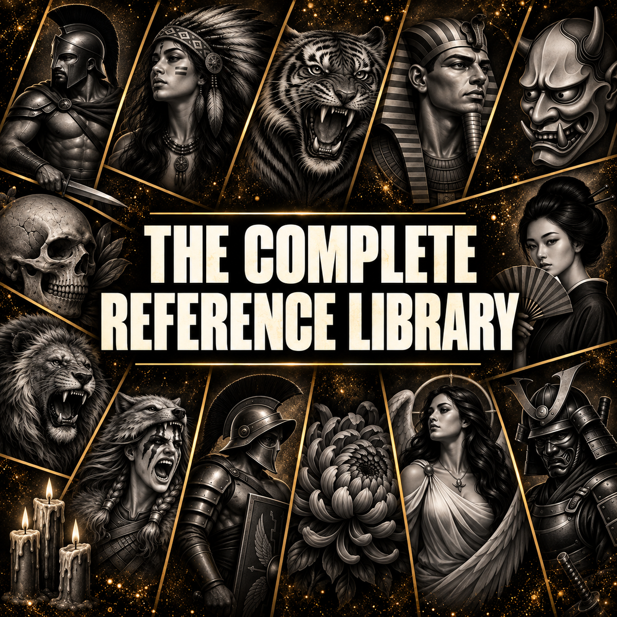 The Complete Reference Library cover showing tattoo reference designs for Procreate: warriors, tigers, skulls, lions, geishas and flowers
