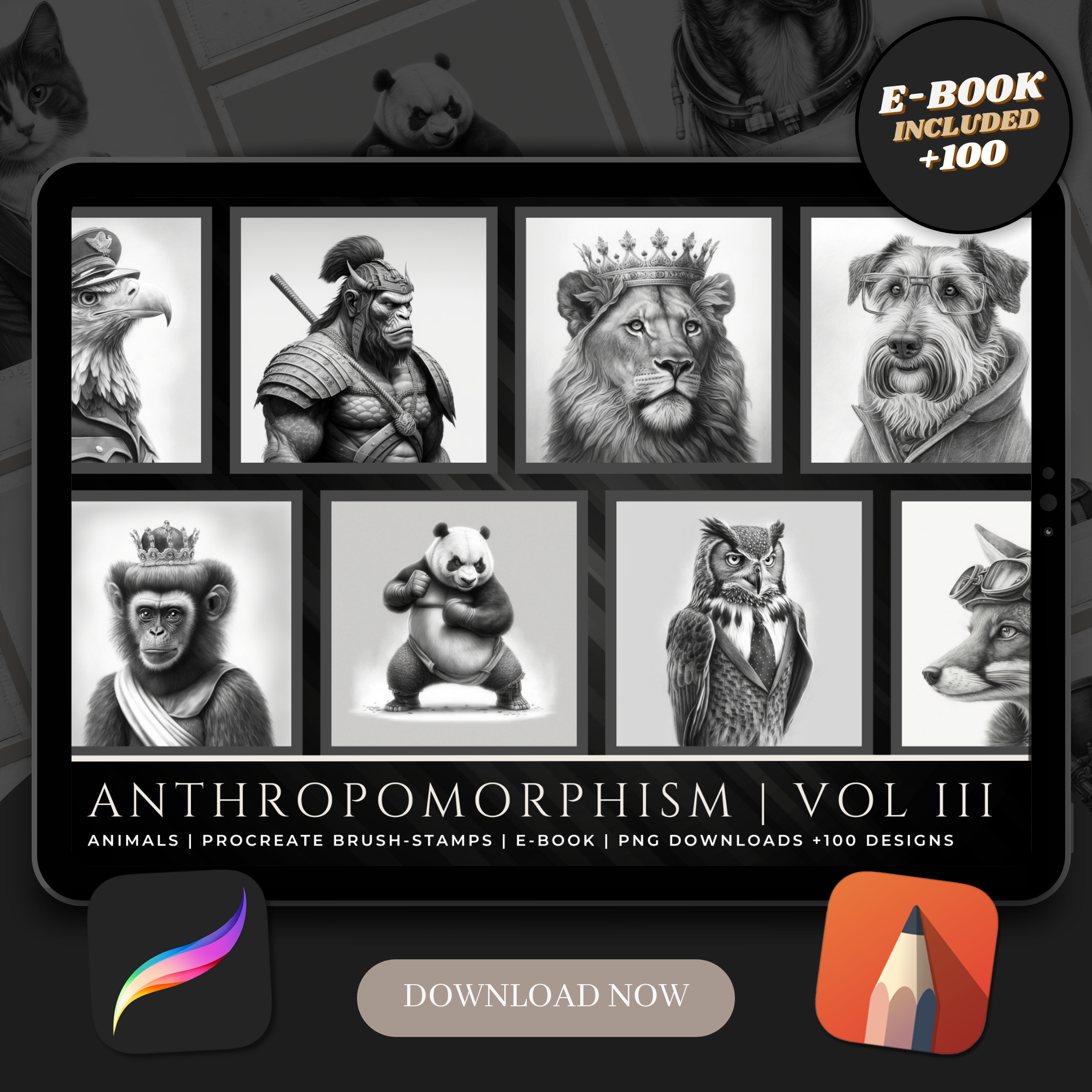 Antropomorfismo Volumen 3 Colección de diseño de referencia digital: 100 imágenes de Procreate y Sketchbook