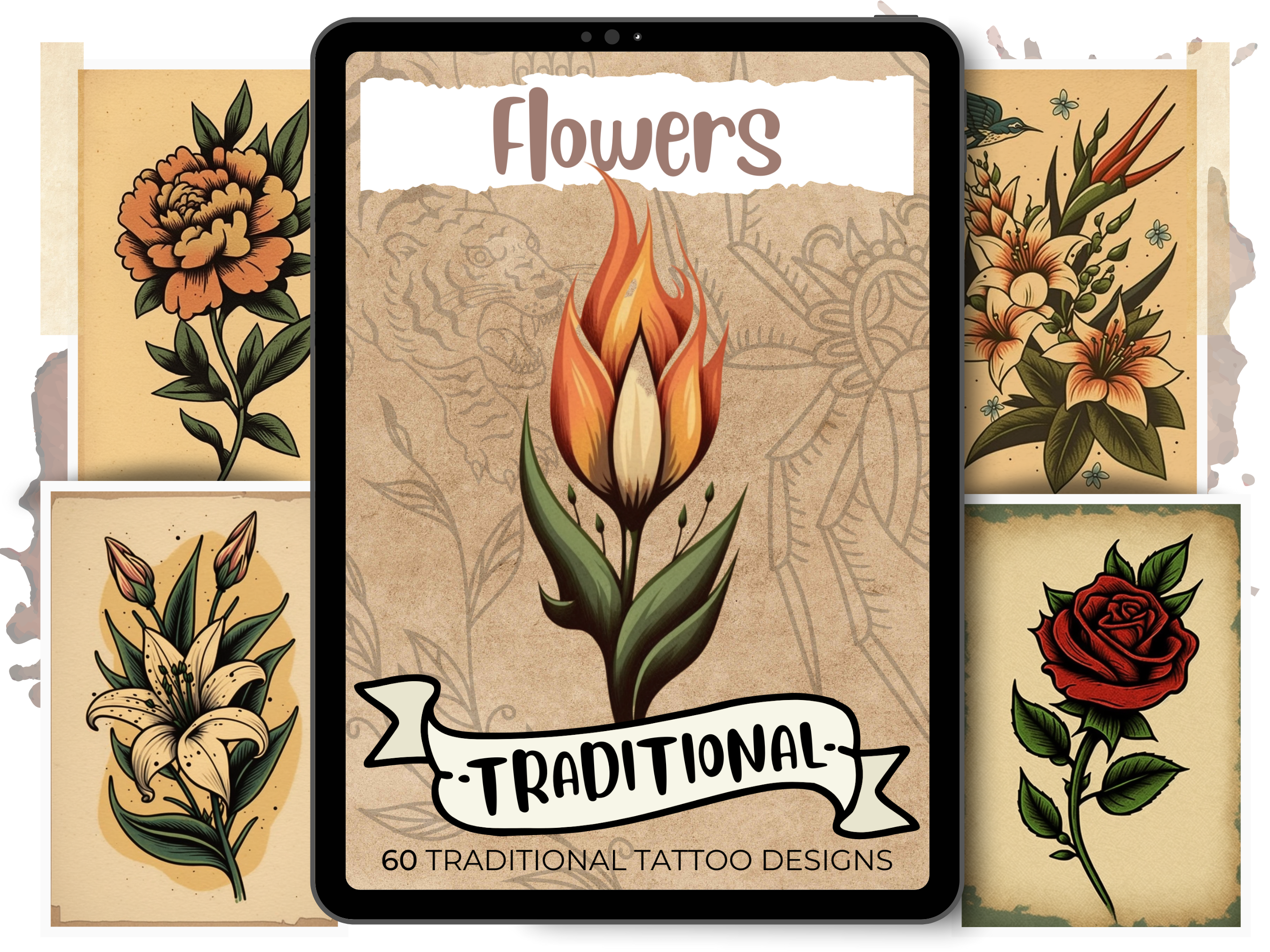 Diseños de tatuajes tradicionales de flores | Diseños de referencia en PDF para tatuajes