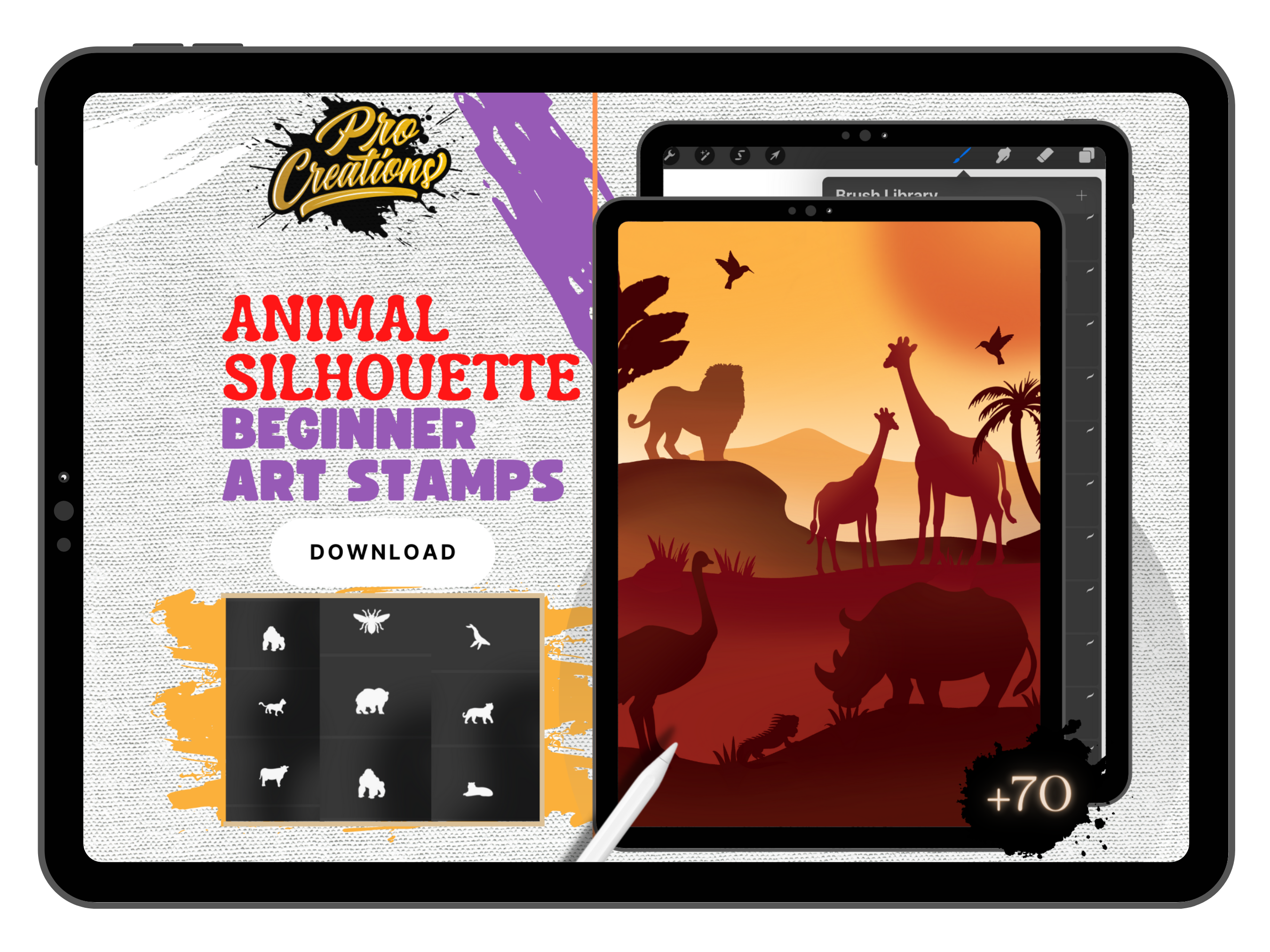 100 sellos de pincel con forma de silueta de animal | Juegos de pinceles Pro-Create descargables