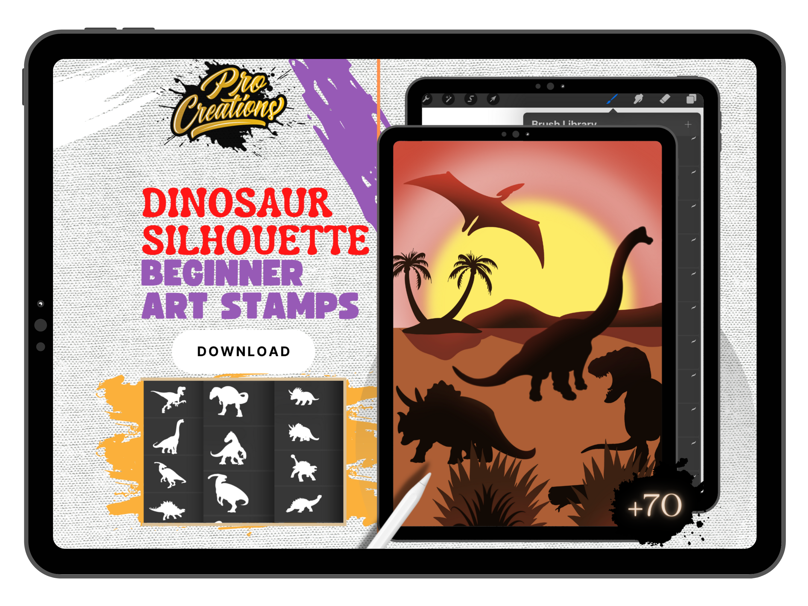 70 Pinceles-Sellos con forma de silueta de dinosaurio| Juegos de pinceles Pro-Create descargables