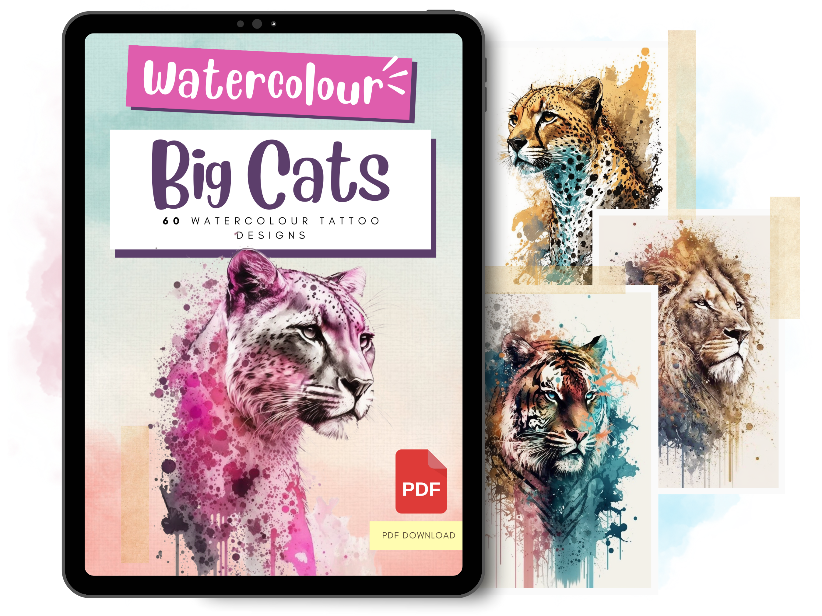 Große Katzen-Aquarell-Tattoo-Designs | PDF-Referenzdesigns für Tattoos