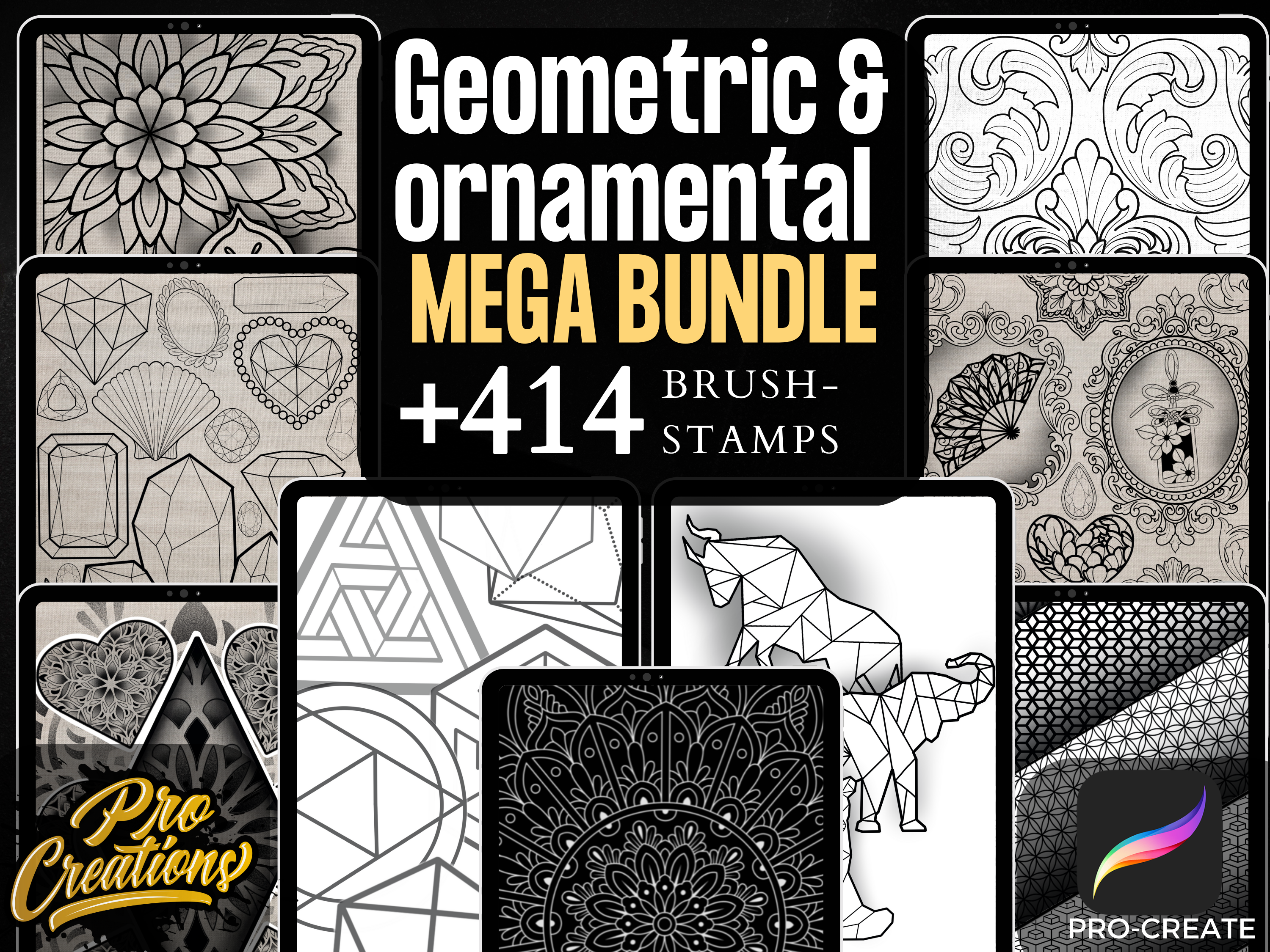 Geometrisches und dekoratives MEGA-Pinselset-Bundle +414 Designs