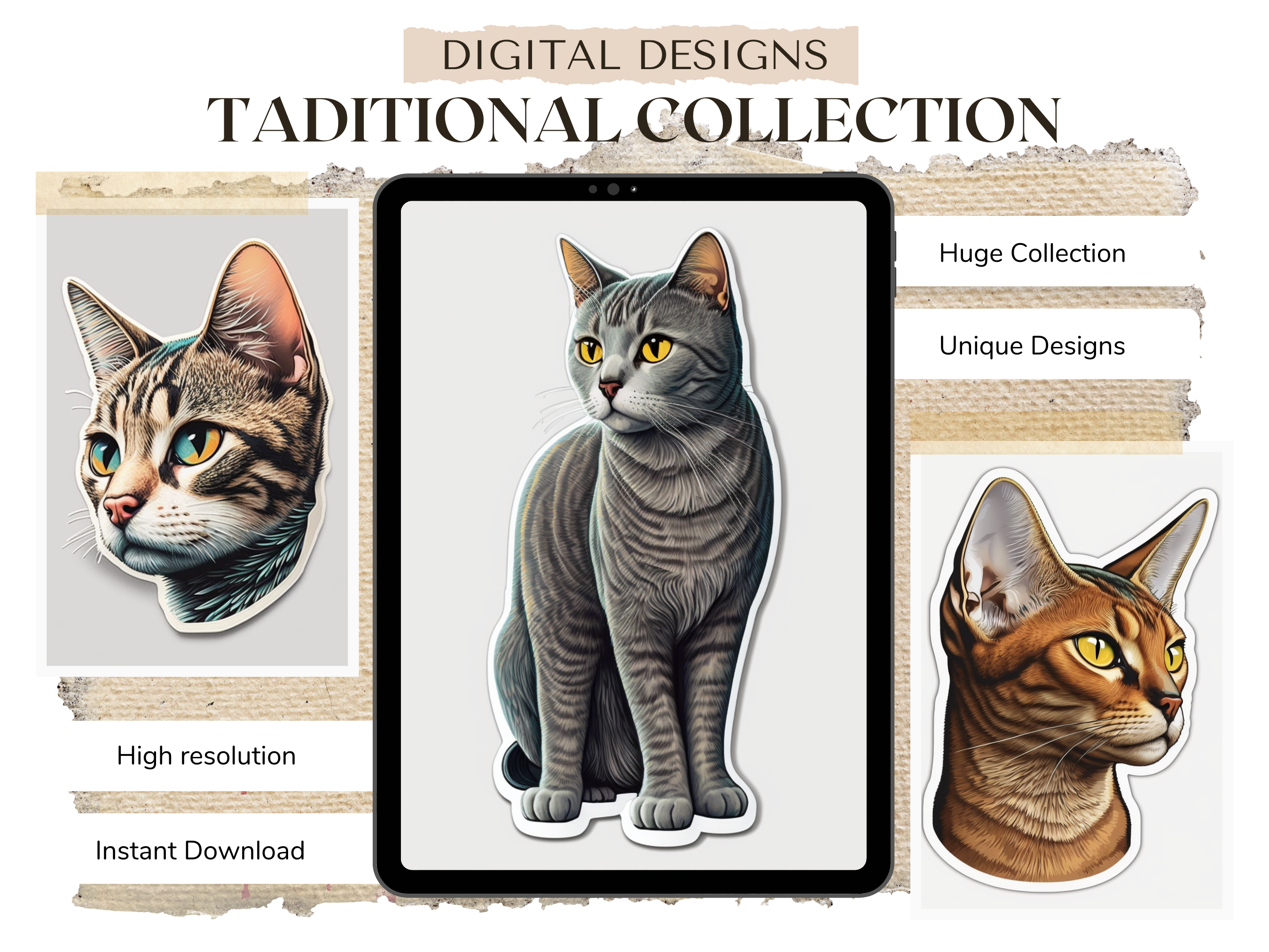Diseños de pegatinas descargables digitales Pet Cats | Diseños de referencia en PDF para tatuajes