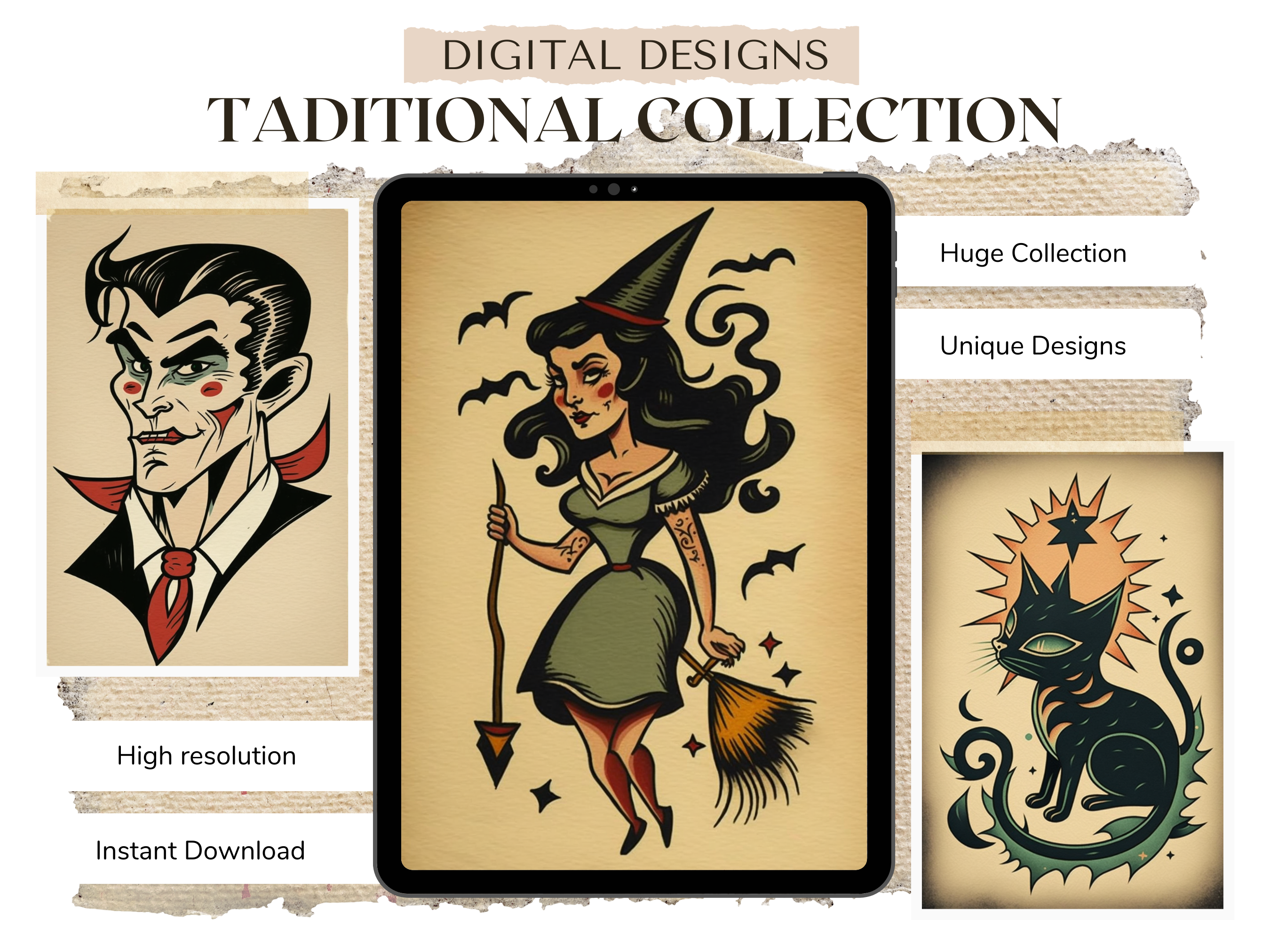 Diseños de tatuajes tradicionales de Halloween | Diseños de referencia en PDF para tatuajes